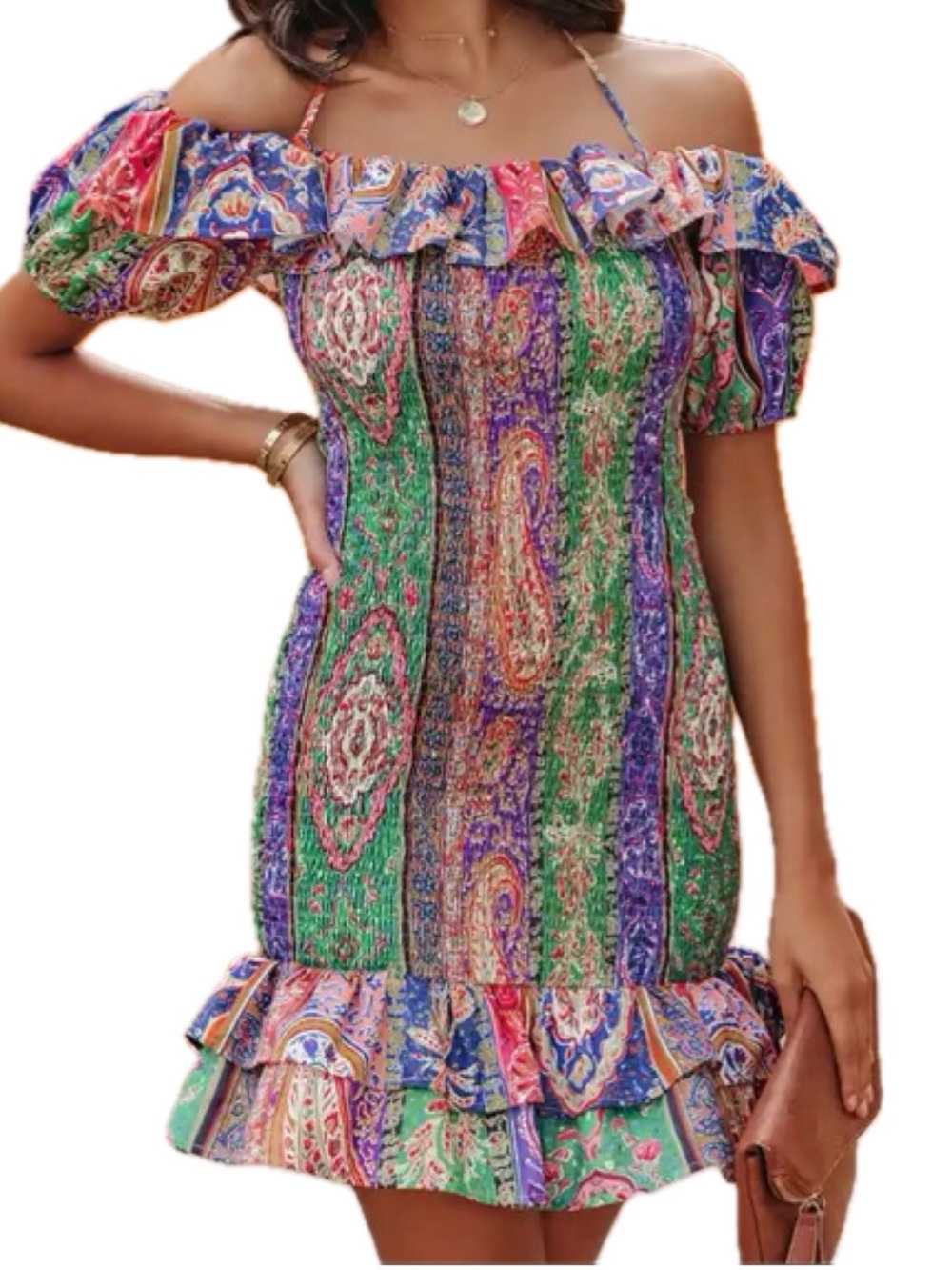 Boho Off-Shoulder Colorful Bright Multi-Print Ruffle Dress